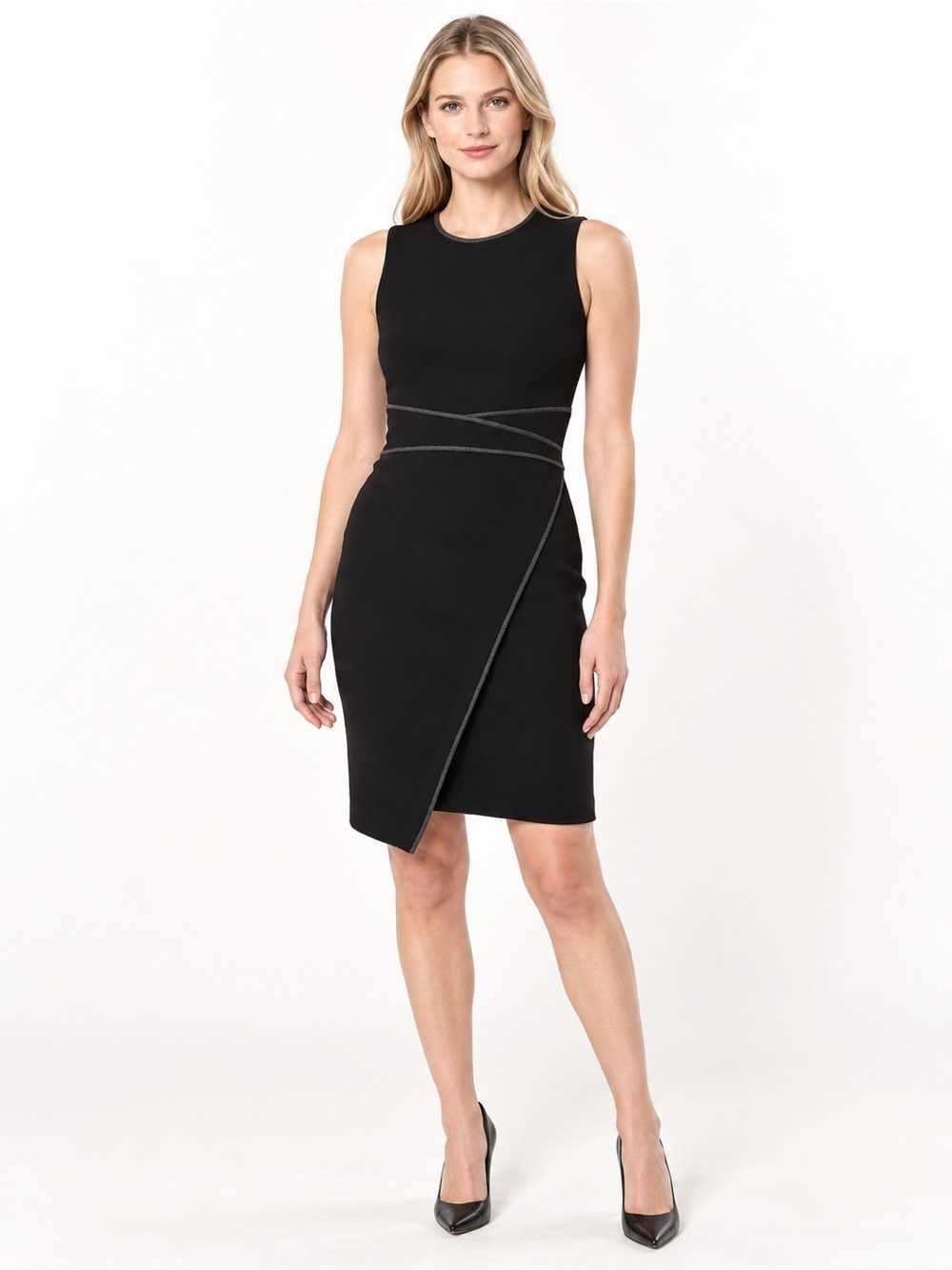 Tommy Hilfiger Size 16 Black Faux Wrap Asymmetrical Sleeveless Sheath Dress NWT